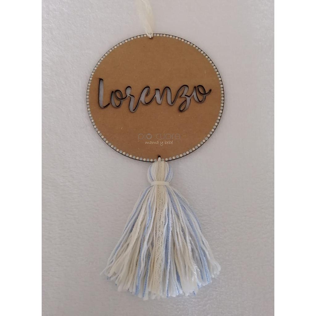 Cartel circular en color madera, celeste y marfil